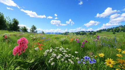 Obraz premium Vibrant meadow filled with colorful wildflowers under bright blue sky, creating serene and peaceful atmosphere