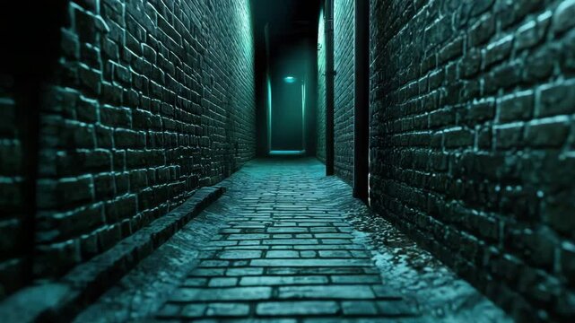 Narrow alley brick wall cobblestone path dark corridor moody mysterious atmosphere urban night scene with wet ground and eerie blue lighting creating suspenseful ambiance