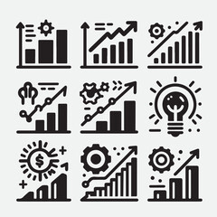 Obraz premium Business Plan Icon Set – Black and White Line Style, Strategy and Planning Symbols