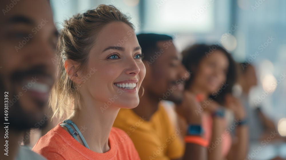 Poster diverse group of people smiling in a bright room, representing teamwork and corporate wellness progr
