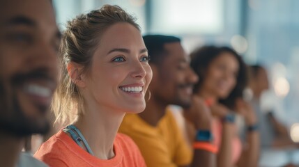 Fototapeta premium Diverse Group of People Smiling in a Bright Room, Representing Teamwork and Corporate Wellness Programs : Generative AI
