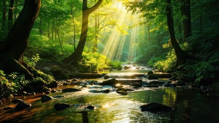 Obraz premium A serene forest scene features a winding stream flowing through dense foliage. Sunlight filters through the trees, casting dappled reflections on the water, enhancing the peaceful and untouched beaut