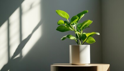 Minimalist green indoor plant in modern pot bright room photographic art natural light serene atmosphere