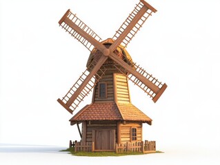 Obraz premium Rustic wooden windmill architecture against white background studio shot of vintage farm building with blades