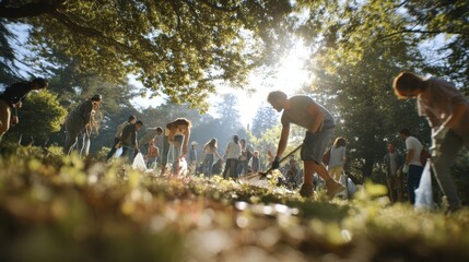 Community Volunteers Cleaning Up a Park on a Sunny Day, Promoting Environmental Responsibility and Corporate Social Responsibility Initiatives : Generative AI