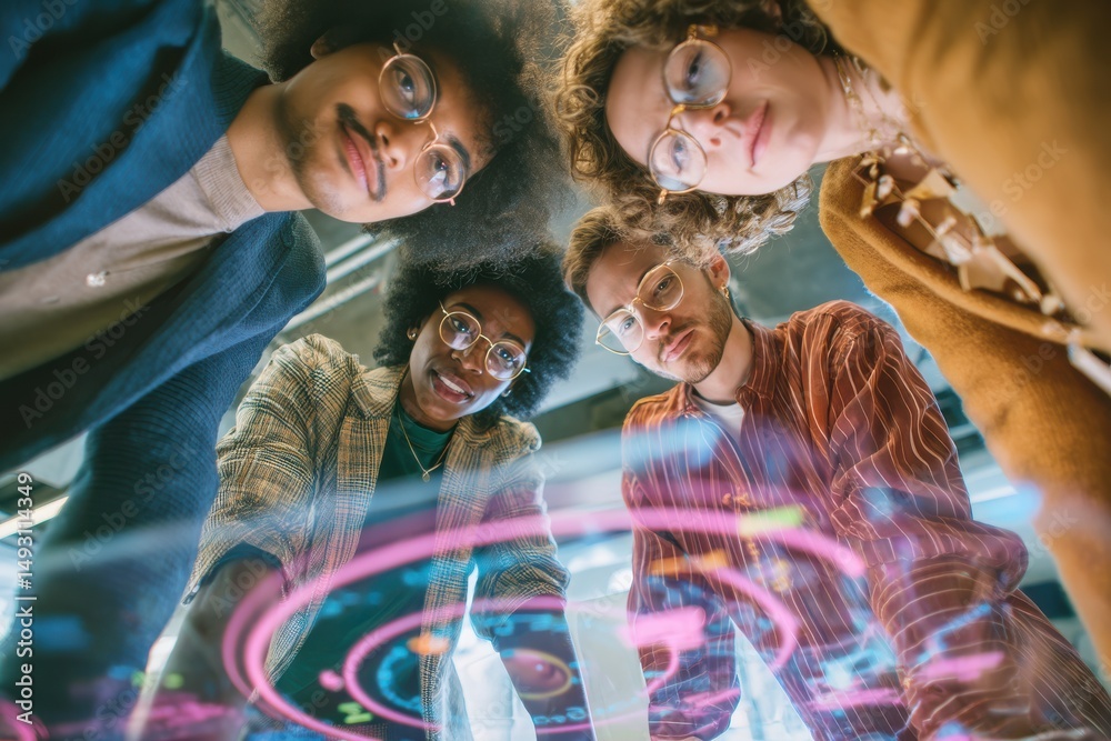 Fototapete Diverse Team Looking Down at Data Display, Illustrating Collaboration and Technology Integration for Business Solutions and Digital Transformation Strategies : Generative AI