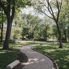 Fototapeta premium Serpentine Stone Path Winds Through Lush Green Park on Sunny Day Eye Level View in Montreal Canada