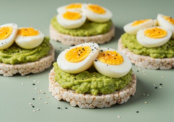 Avocado, egg on rice cake, healthy snack concept, green background, diet, meal