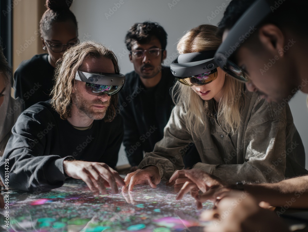 Aufkleber diverse team collaborating with augmented reality headsets, showcasing technological innovation and 