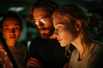 Fototapeta premium Team Analyzing Data on Screen in Dark Room, Illustrating Collaboration and Business Intelligence for Corporate Strategy and Innovation : Generative AI