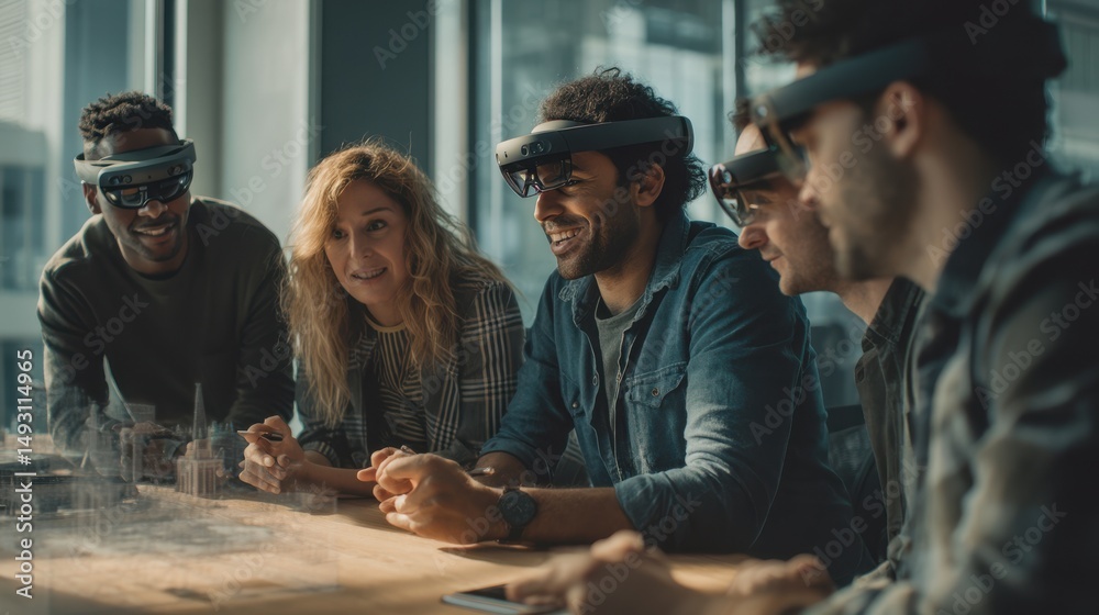 Poster diverse team using augmented reality headsets in a bright office, illustrating innovation and future