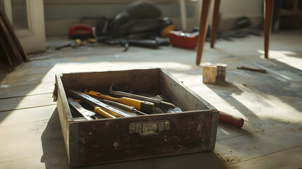 Vintage Toolbox with Various Hand Tools on a Wooden Floor