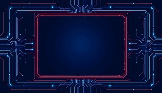 A dark  blue background features a central void framed by glowing red and blue circuit  like patterns. 