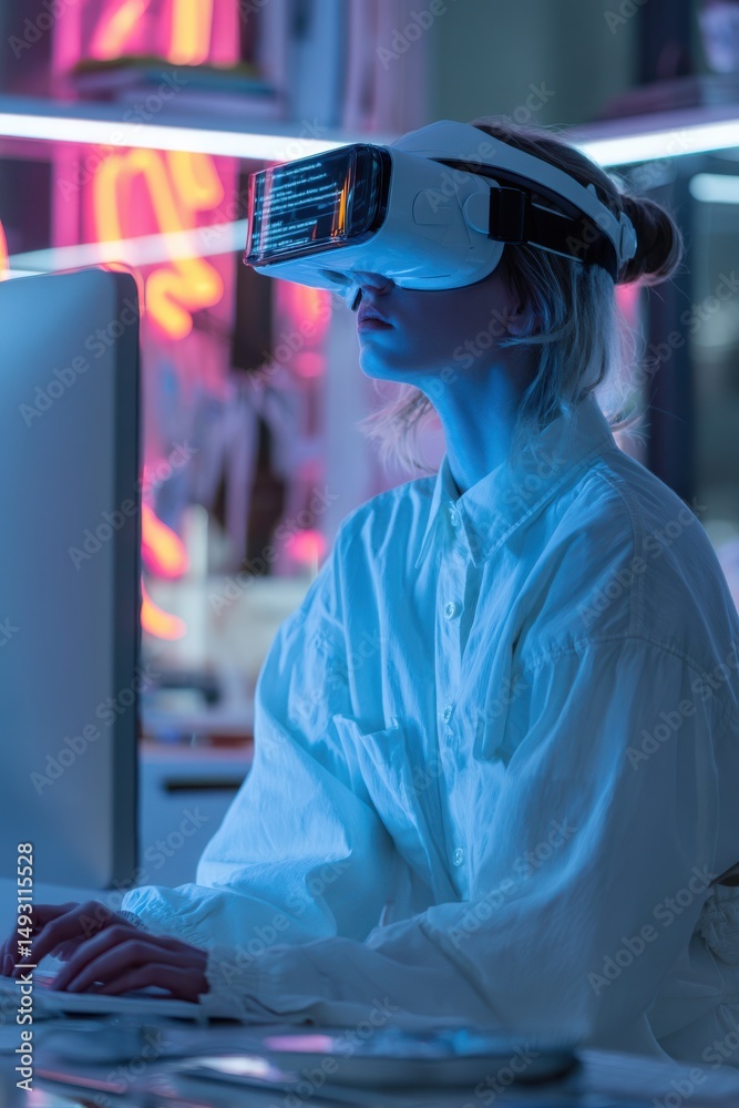 Poster woman immersed in virtual reality with vr headset, demonstrating technological innovation and digita