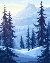 Fototapeta premium Snowy Mountain Landscape with Evergreen Trees in Winter Illustration Cold Blue Tones Serene Nature Scene