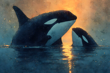 Obraz premium Orcas in Golden Hour Light, Painterly Style