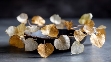 Fototapeta premium Elegant gilded leaves adorn a dark ceramic bowl on a textured surface