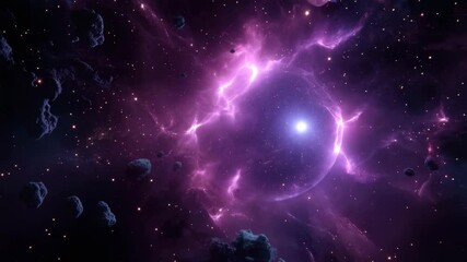 Glowing purple nebula with bright stars and scattered asteroids in deep space creating mysterious cosmic atmosphere full of wonder in vast universe galaxy - Powered by Adobe