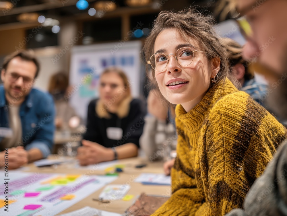 Aufkleber young woman smiling during a team meeting, showcasing collaboration and brainstorming in a modern wo