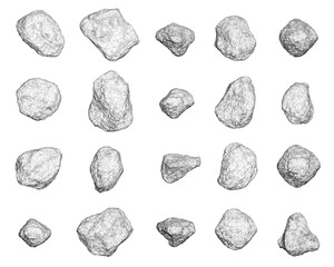 A set of rocks are shown in a black and white illustration. The rocks are scattered across the image, with some placed closer together and others further apart. Scene is one of stillness and calm