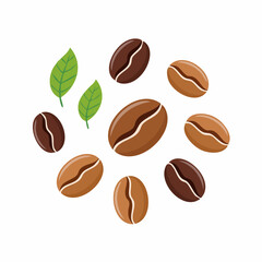 Flat Vector Coffee Beans Set in Various Shapes and Angles, Brown Tones, Isolated on White Background