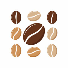 Flat Vector Coffee Beans Set in Various Shapes and Angles, Brown Tones, Isolated on White Background
