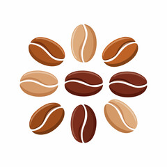 Flat Vector Coffee Beans Set in Various Shapes and Angles, Brown Tones, Isolated on White Background