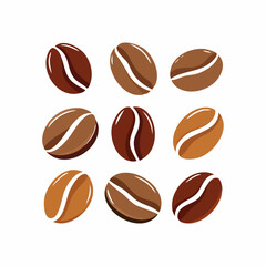 Flat Vector Coffee Beans Set in Various Shapes and Angles, Brown Tones, Isolated on White Background