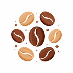 Flat Vector Coffee Beans Set in Various Shapes and Angles, Brown Tones, Isolated on White Background