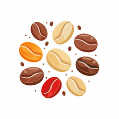 Flat Vector Coffee Beans Set in Various Shapes and Angles, Brown Tones, Isolated on White Background