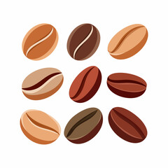 Flat Vector Coffee Beans Set in Various Shapes and Angles, Brown Tones, Isolated on White Background