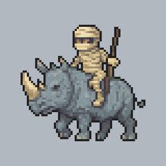 Mummy riding rhinoceros character in pixel art style with isolated background