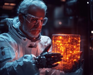 A scientist in a white suit and goggles carefully examines a glowing, orange, cube-shaped object in a laboratory setting.