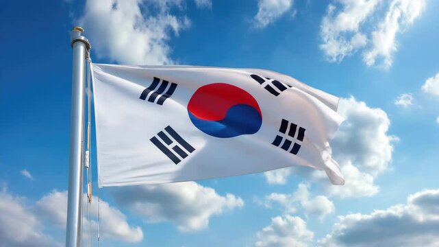 South Korean flag waving proudly against bright blue sky. Vibrant red, blue circle, paired black trigrams, symbolize nation spirit. Patriotic feel. National pride, identity, cultural Korea heritage.