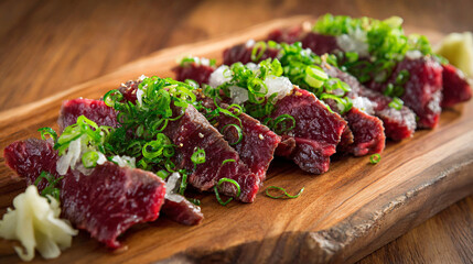 Fototapeta premium Premium Wagyu Sashimi with Scallions on Wooden Board
