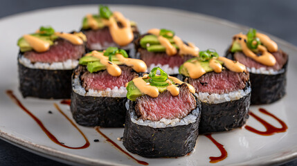 Wagyu sushi rolls with avocado and spicy mayo topping