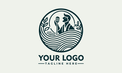 Vintage microphone illustration with musical notes and expressive hand gesture in decorative circular frame. Music concept
