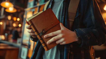 Young Person Holding Leather Bound Journal in Cozy Café Setting