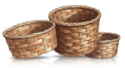 Three Brown Wicker Baskets on White Background