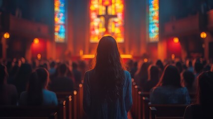 Christian congregation singing hymns together in a bright, modern church setting.