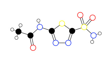 acetazolamide molecule, structural chemical formula, ball-and-stick model, isolated image diuretic agent