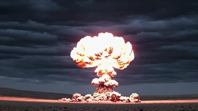 Dramatic CGI Animation of a Nuclear Bomb Detonation: A Powerful, Fiery Explosion Unleashes a Devastating Shockwave and Forms an Iconic Mushroom Cloud, Weapon of Mass Destruction