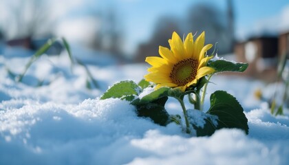 Resilient sunflower blooming through snow nature scene winter landscape close-up growth and hope
