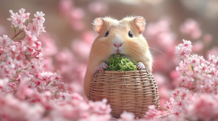 Chubby guinea pig happily munches lettuce, set against soft peach and white background.