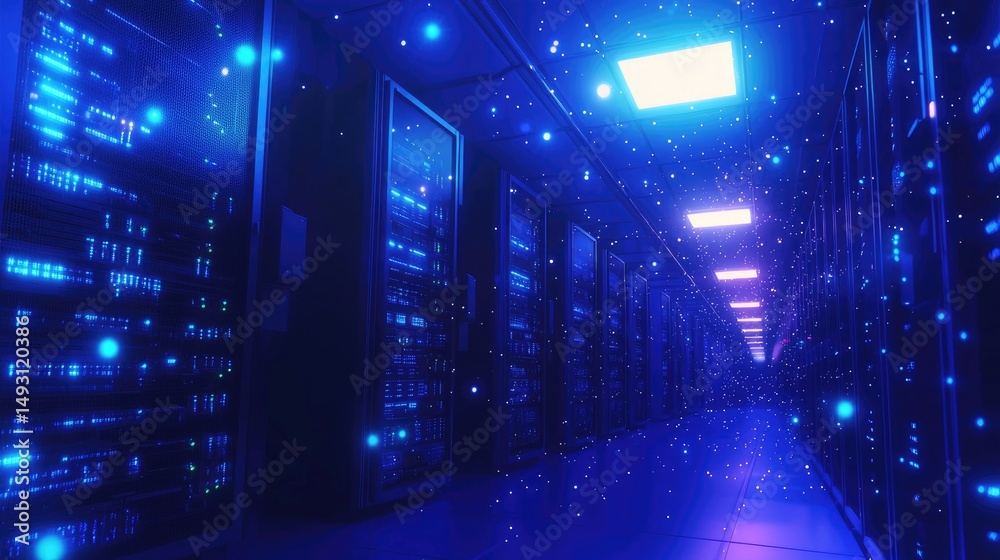 Poster Immersive 3D render of a dark blue data center with glowing servers and floating particles, great for themes in cloud computing, big data, and digital infrastructure visuals