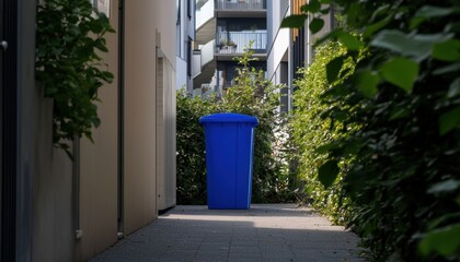 Unnoticed blue trash bin amidst urban alleyway captured in monochrome setting aesthetic perspective on waste management