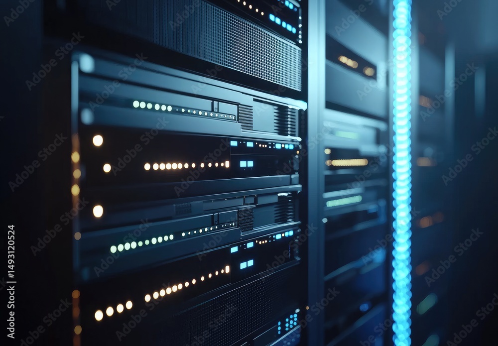 Aufkleber Close-up 3D rendering of glowing blue and white server hardware in a high-tech data center, suitable for themes in digital infrastructure, cloud computing, and cybersecurity