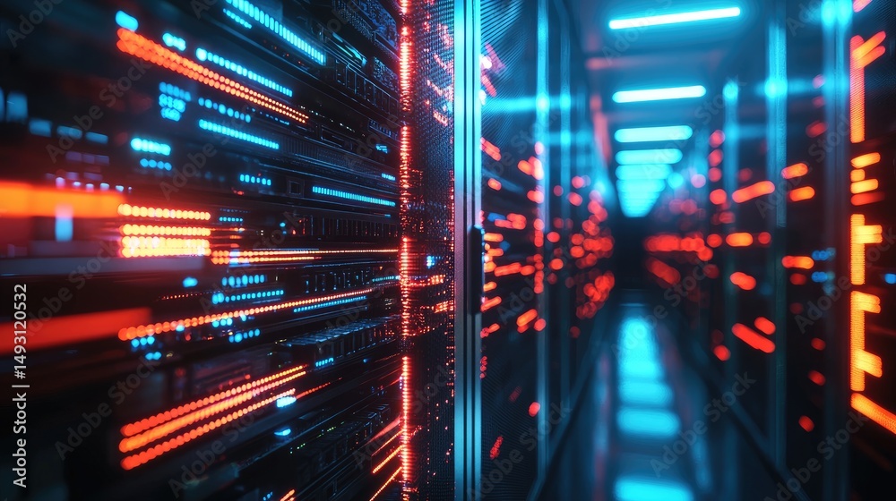 Poster Vibrant 3D render of high-performance data servers with glowing red and blue lights in a futuristic corridor, ideal for cybersecurity, data processing, and AI infrastructure content