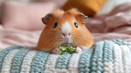 Chubby guinea pig happily munches lettuce, set against soft peach and white background.