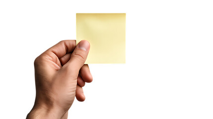 Obraz premium Hand holding a yellow sticky note against a plain white or transparent background studio shot